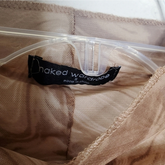 Naked Wardrobe Brown Marble Print Mock Neck Sheer Cropped Long Sleeve Top - Picture 7 of 8